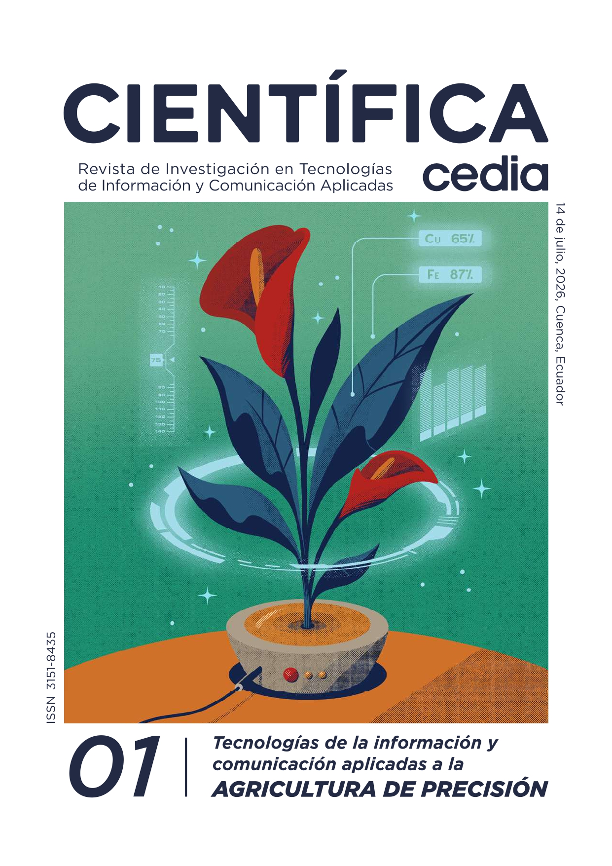 Revista Científica CEDIA. Revista de investigación en tecnologías de información y comunicación aplicadas.  ilustración de una flor en una maceta electrónica.